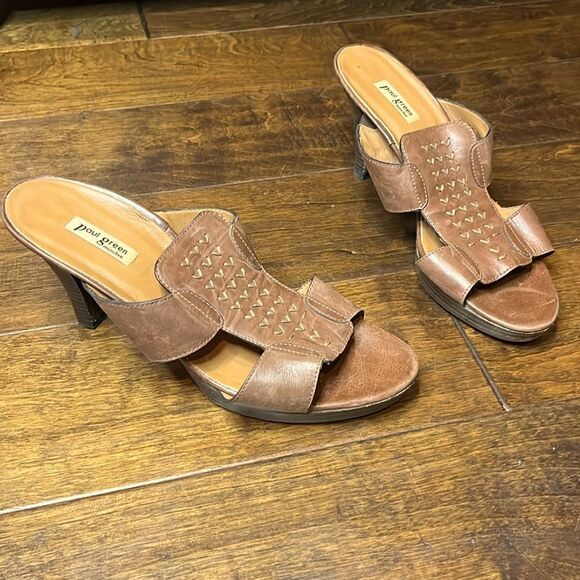 Paul Green Brown "Perla" Leather Open Toe Slip On Heeled Sandal, 6.5! - Picture 1 of 9